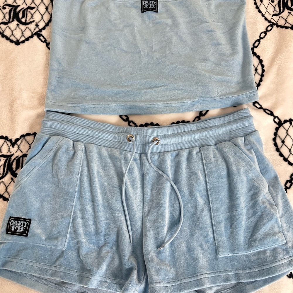 FB County Light Blue Velour Lounge Set - Crop Tank & Drawstring Shorts